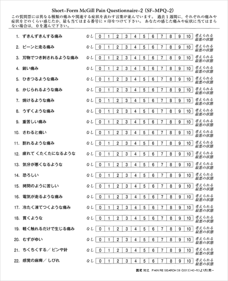 表2：日本語短縮版マギル質問票